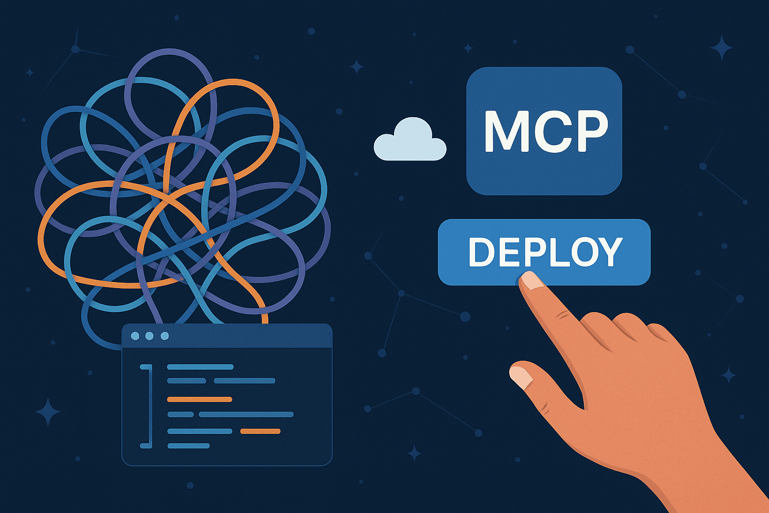 digital illustration showing the contrast between complex manual MCP coding and simple one-click hosting. On the left, tangled code lines symbolize setup complexity, while on the right, a hand clicks a bright “DEPLOY” button beside an MCP cloud icon, representing effortless deployment through MCPFY.ai
